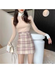 utlet New Korean Plaid High-Waist Mid-length Wrapped Hip Skirt
