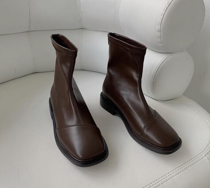 Outlet New style thick-heeled short boots mid-heel fashion all-match soft leather boot for women