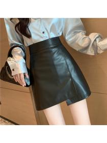 Outlet Autumn fashion temperament matching irregular PU leather A-line skirt