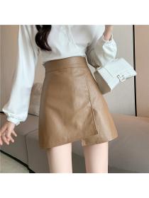 Outlet Autumn fashion temperament matching irregular PU leather A-line skirt