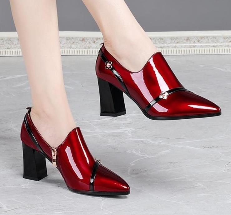 Outlet Spring&autumn new all-match British leather deep- mouth thick-heel pointed toe shoes
