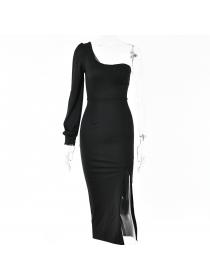 Outlet Hot style Autumn new sexy backless single-shoulder sleeve slit long dress