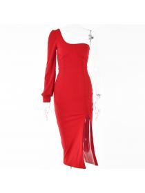 Outlet Hot style Autumn new sexy backless single-shoulder sleeve slit long dress