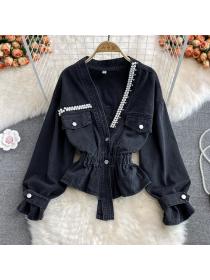 Outlet Korean style loose V-neck denim jacket women's all-match beaded cropped top