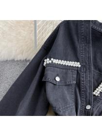 Outlet Korean style loose V-neck denim jacket women's all-match beaded cropped top