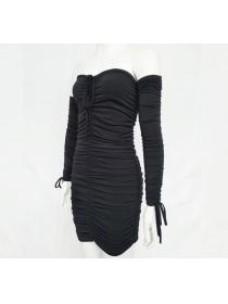 Outlet Hot style Autumn new sexy pleated dress single-shoulder long-sleeved dressdiamond dress