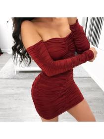 Outlet Hot style Autumn new sexy pleated dress single-shoulder long-sleeved dressdiamond dress