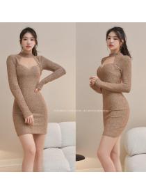 Korean Style Hollow Out Gauze Matching Slim Dress 