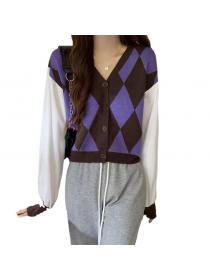 Outlet Winter V-neck Korean fashion plaid long-sleeved sweater women's temperament Cardigans