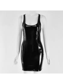 Outlet Hot style Round-neck PU sexy slim Zipper dress