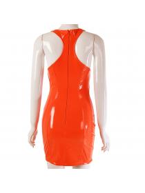 Outlet Hot style Round-neck PU sexy slim Zipper dress
