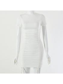 Outlet Hot style Sexy Plain nightclub dress stitching pleated lace-up dress
