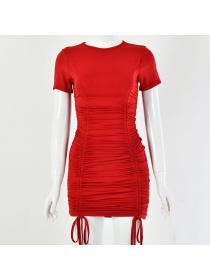 Outlet Hot style Sexy Plain nightclub dress stitching pleated lace-up dress