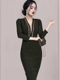 Korean  Style V  Collars Slim Show Waist Dress