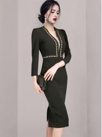 Korean  Style V  Collars Slim Show Waist Dress
