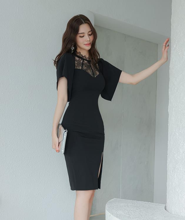 Korean  Style Gauze Matching Slim Open Fork Dress