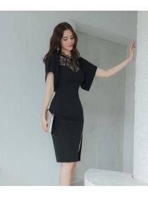 Korean  Style Gauze Matching Slim Open Fork Dress 