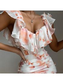 Outlet Hot style Floral off-shoulder backless chiffon dress