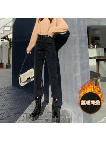 Outlet All-match fleece cotton elastic denim loose high-waisted trousers jeans
