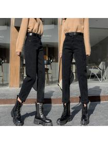 Outlet All-match fleece cotton elastic denim loose high-waisted trousers jeans