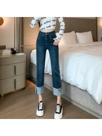Outlet High-waisted cropped jeans women's fall/winter  straight loose wide-leg pants