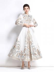  On Sale Horn Sleeve Show Waist Printing Maxi Dress