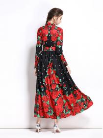 European Style Doll Collars Flower Show Waist Maxi Dress 