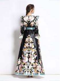 European Style Doll Collars Flower Show Waist Maxi Dress 