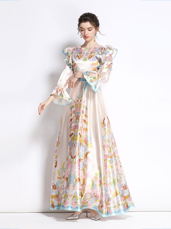 European Style Doll Collars Flower Show Waist Maxi Dress