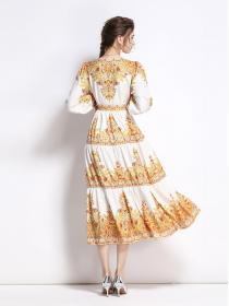 European Style V  Collars Printing Show Waist Cake Dress 