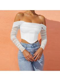 Outlet Hot style see-through Off-shoulder neckline cropped top for women