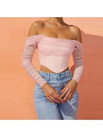 Outlet Hot style see-through Off-shoulder neckline cropped top for women