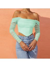 Outlet Hot style see-through Off-shoulder neckline cropped top for women