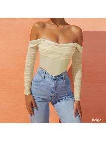 Outlet Hot style see-through Off-shoulder neckline cropped top for women