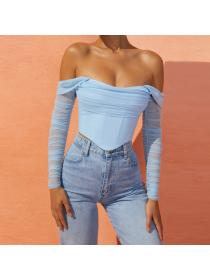 Outlet Hot style see-through Off-shoulder neckline cropped top for women