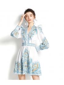  On Sale Stand  Collars Horn Sleeve Printing Dress 