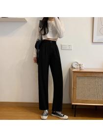 Outlet Elastic waist high waist black loose straight suit pants