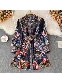 Outlet Vintage style long-sleeved stand-up collar thin A-line dress