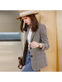 Outlet brown plaid coat temperament professional suit jacket for women