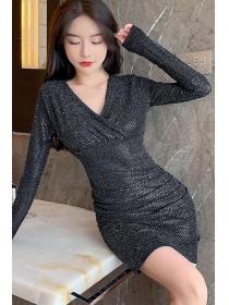 Shiny V-neck long sleeve dress