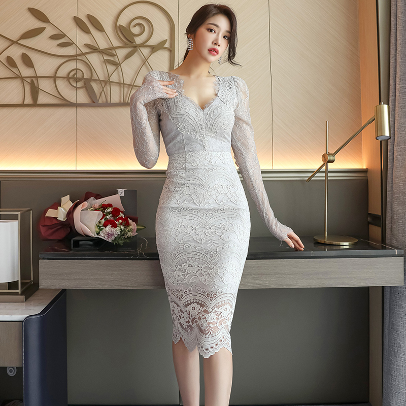 Outlet Lace V-neck temperament Korean style sexy slim dress
