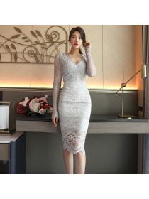 Outlet Lace V-neck temperament Korean style sexy slim dress