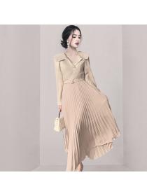 Pleated pinched waist business suit splice dress