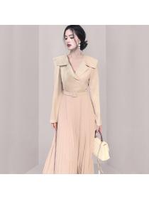Pleated pinched waist business suit splice dress