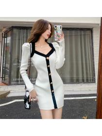 Outlet Knitted pinched waist bottoming France style dress