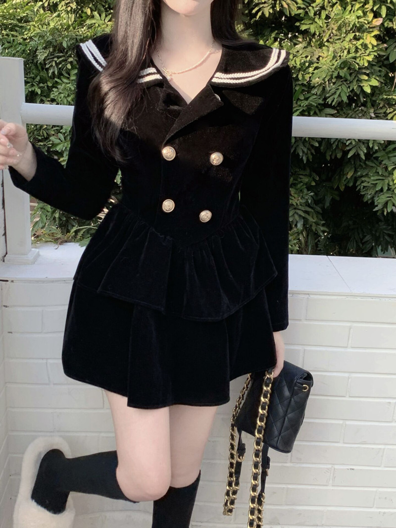Outlet Navy collar buckle college style black winter dress