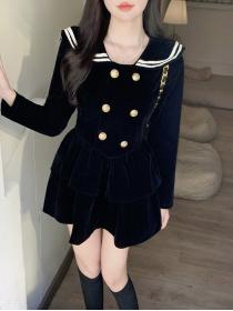 Outlet Navy collar buckle college style black winter dress