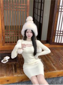 Outlet Long hollow France style knitted slim dress for women