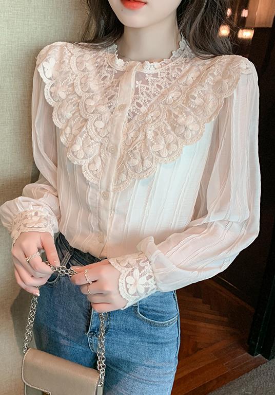 On Sale Stand Collars Lace Hollow Out Top