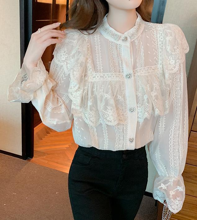 On Sale Stand Collars Lace Hollow Out Top